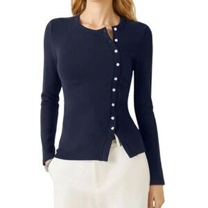 NWT OGL Asymmetrical Placket Top M Midnight Navy Blue Button Front Long Sleeve